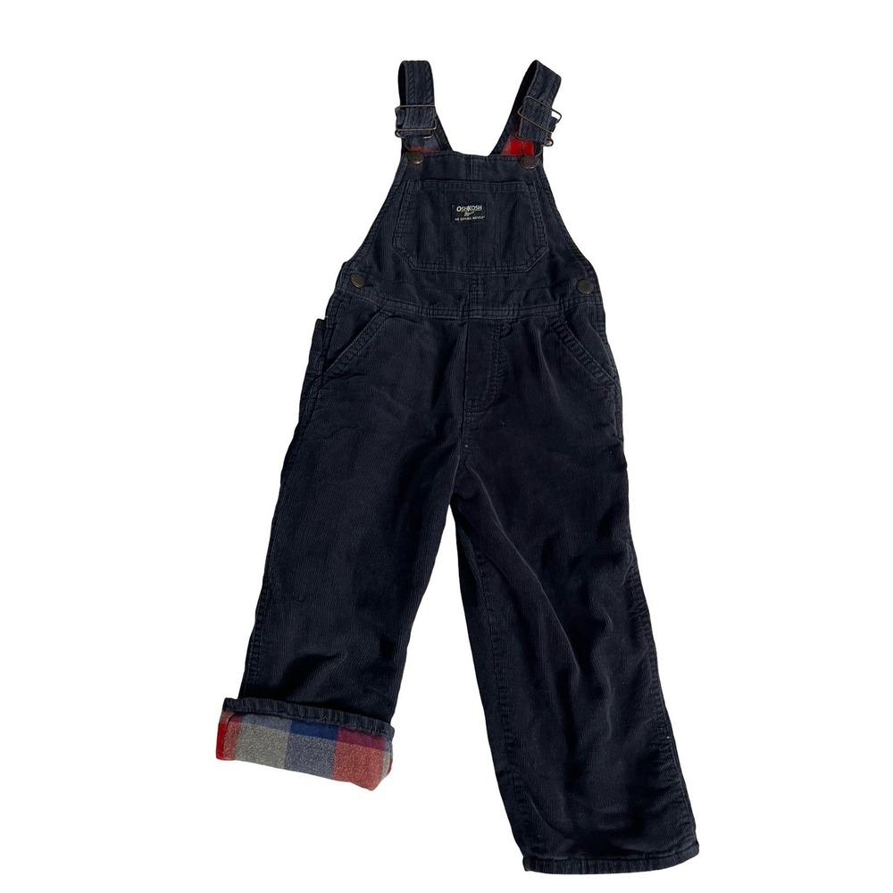 OshKosh Bgosh Boys Navy Blue Corduroy Flannel Lined Vestbak Overalls Bibs 3T